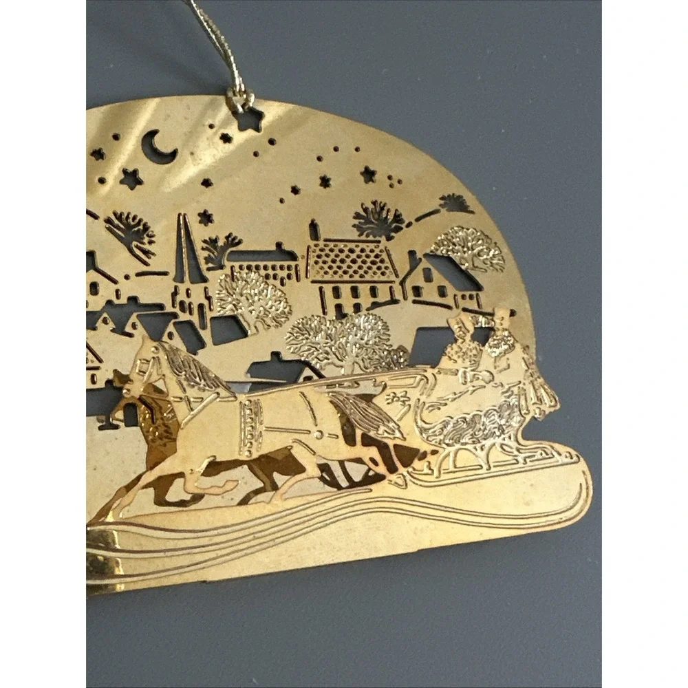 Hallmark 1982 3D Brass Sleigh Ride Gold Tone Christmas Ornament